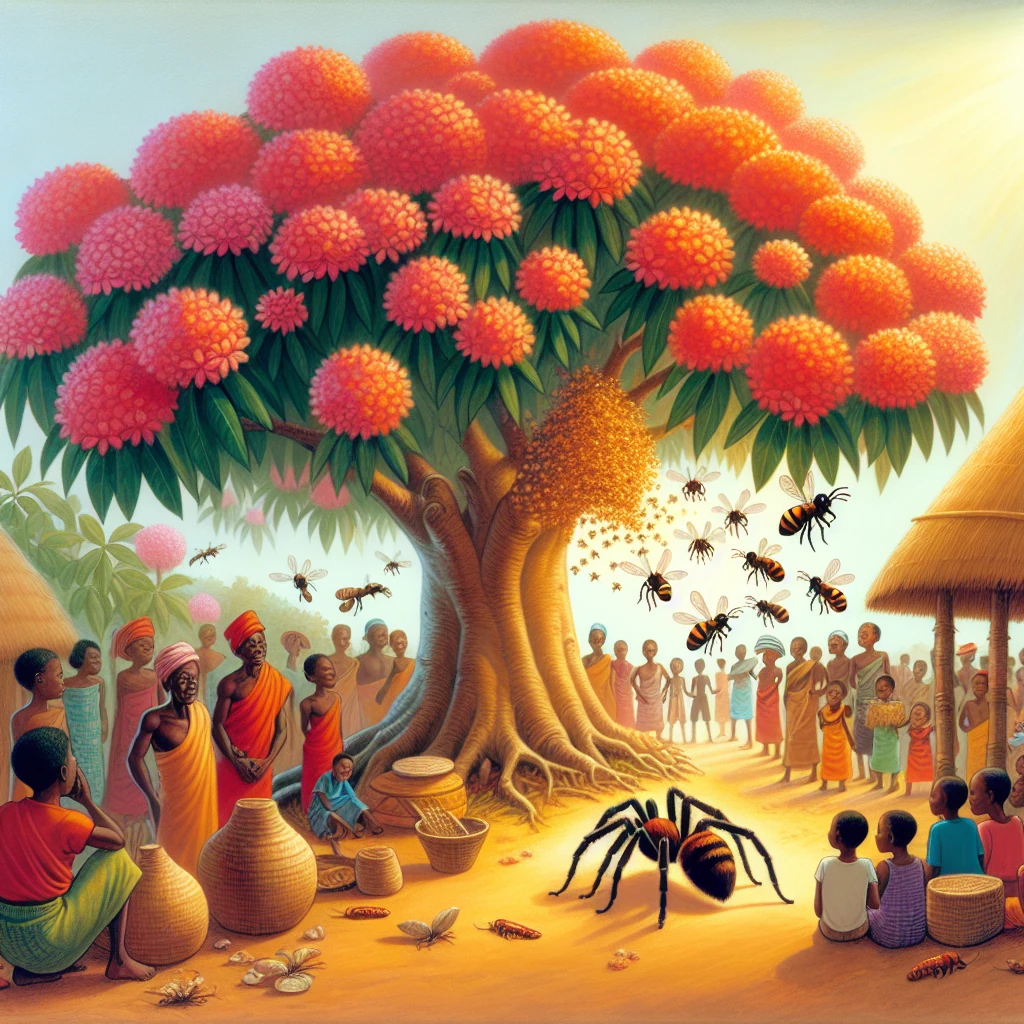 Anansi peering at a disciplined line of bees near a flowering tree