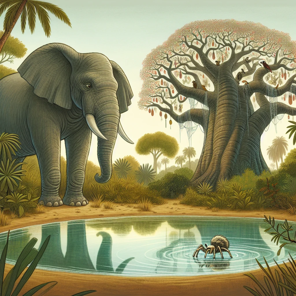 Anansi meeting the wise elephant by the watering hole