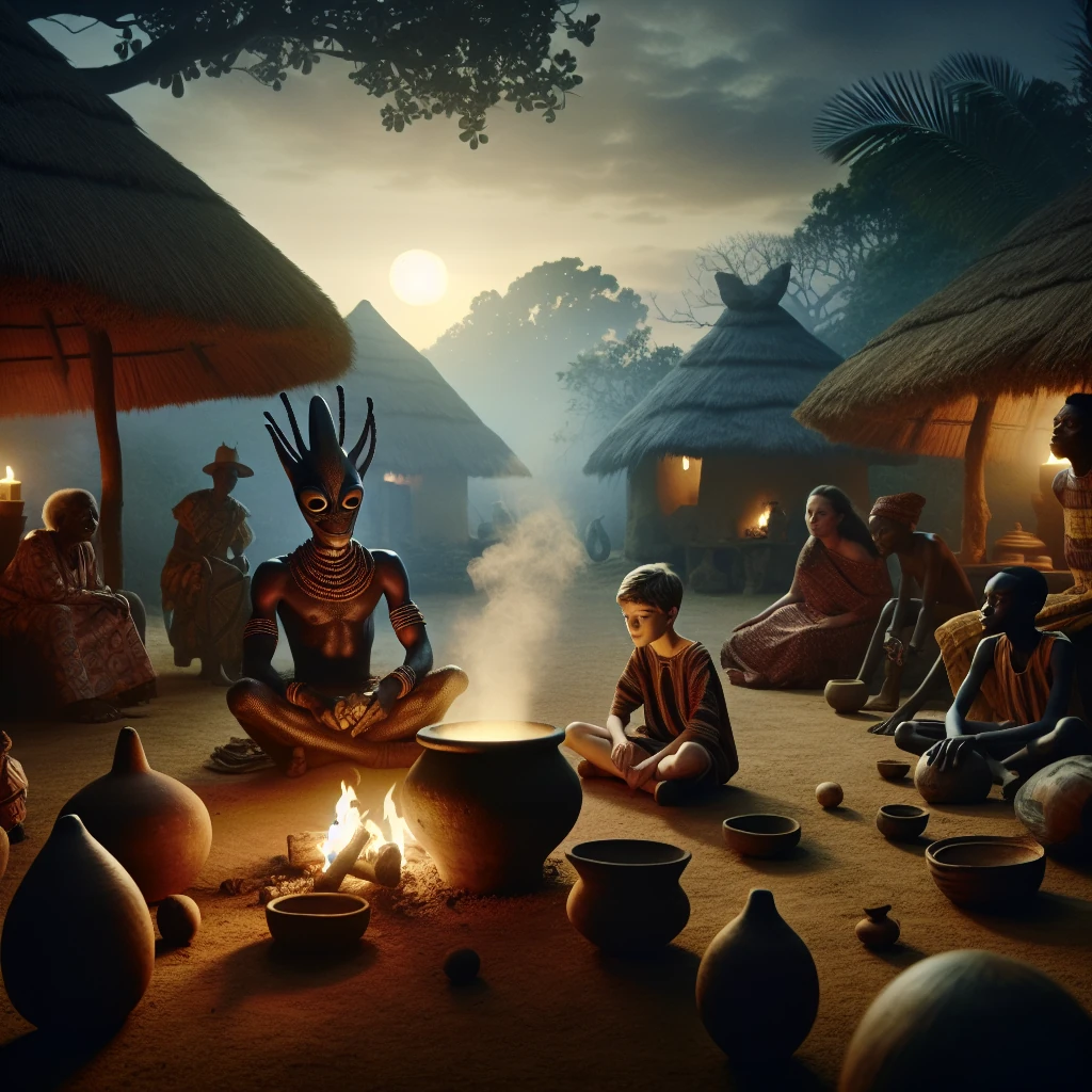 Anansi beside a steaming magic cooking pot in a village courtyard