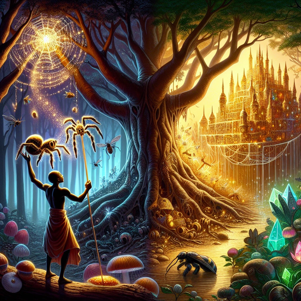 Anansi discovering the glowing magic stick in the sacred grove