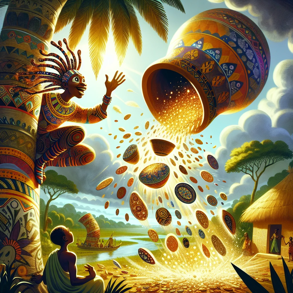 Anansi climbing a tree with a pot while his son watches