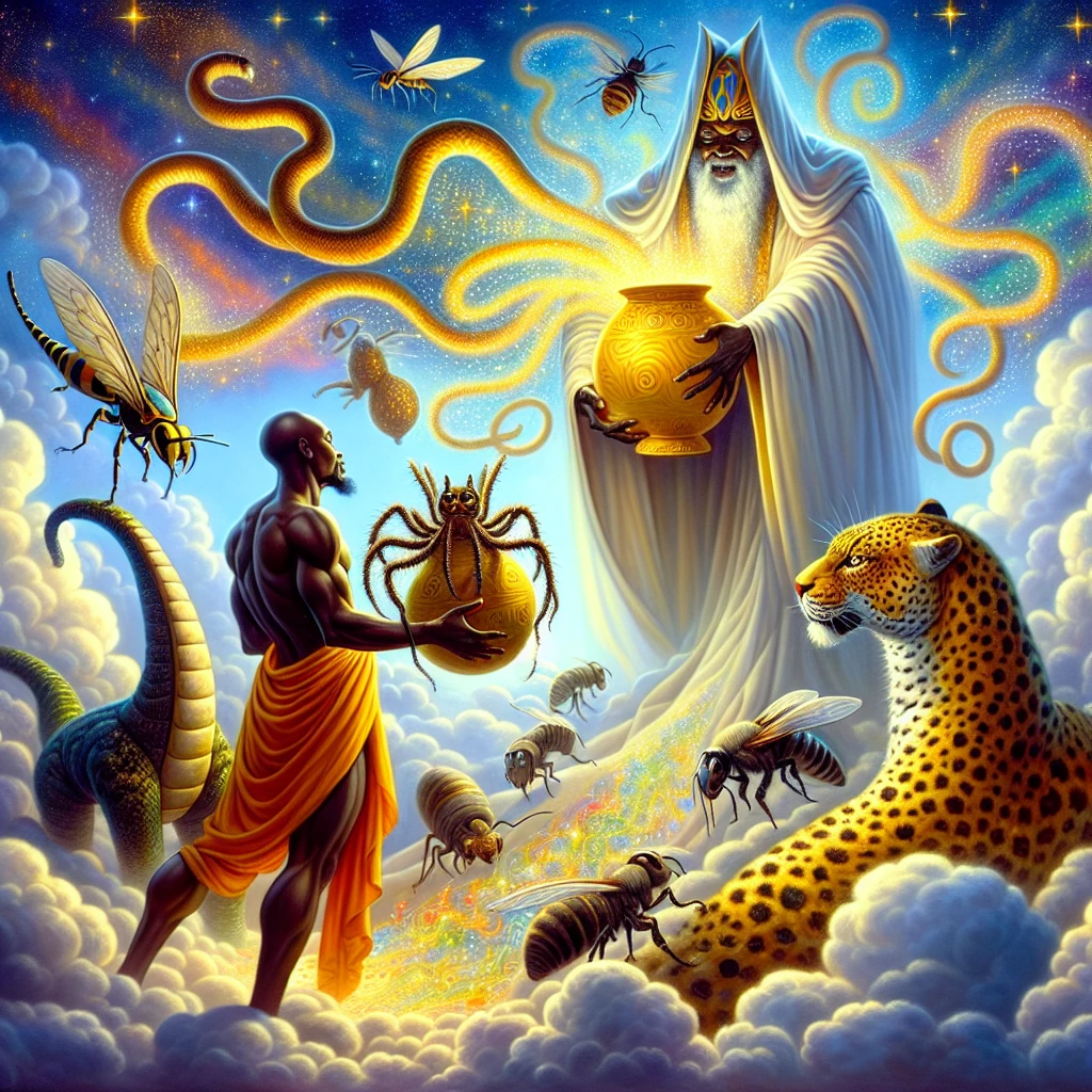 Anansi meeting with Nyame the Sky God