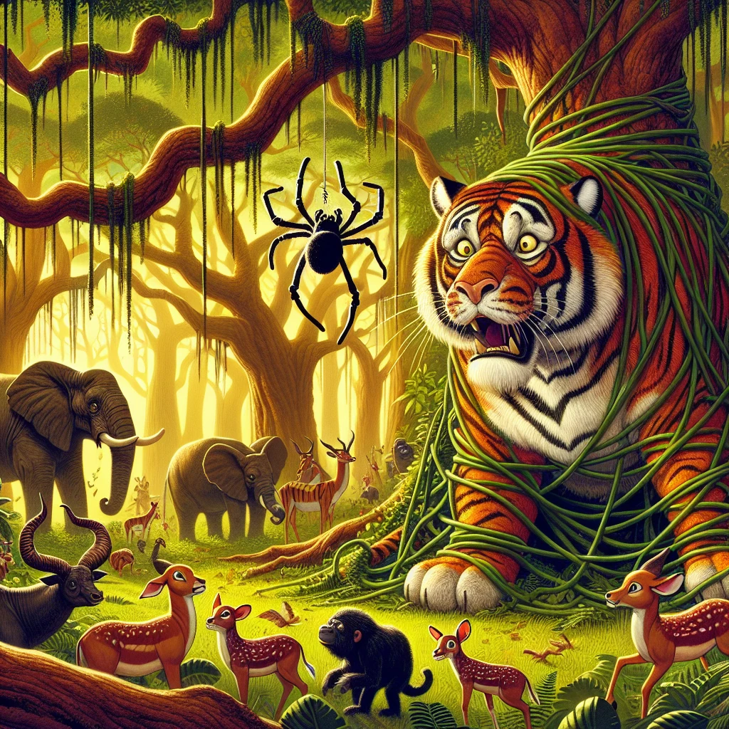 Anansi cleverly outwitting the powerful tiger in the forest