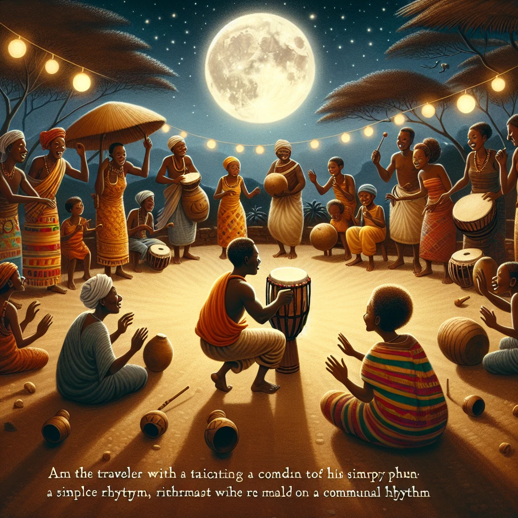 Villagers gathered as a stranger teaches them the first rhythm, drums and dancers under a full moon