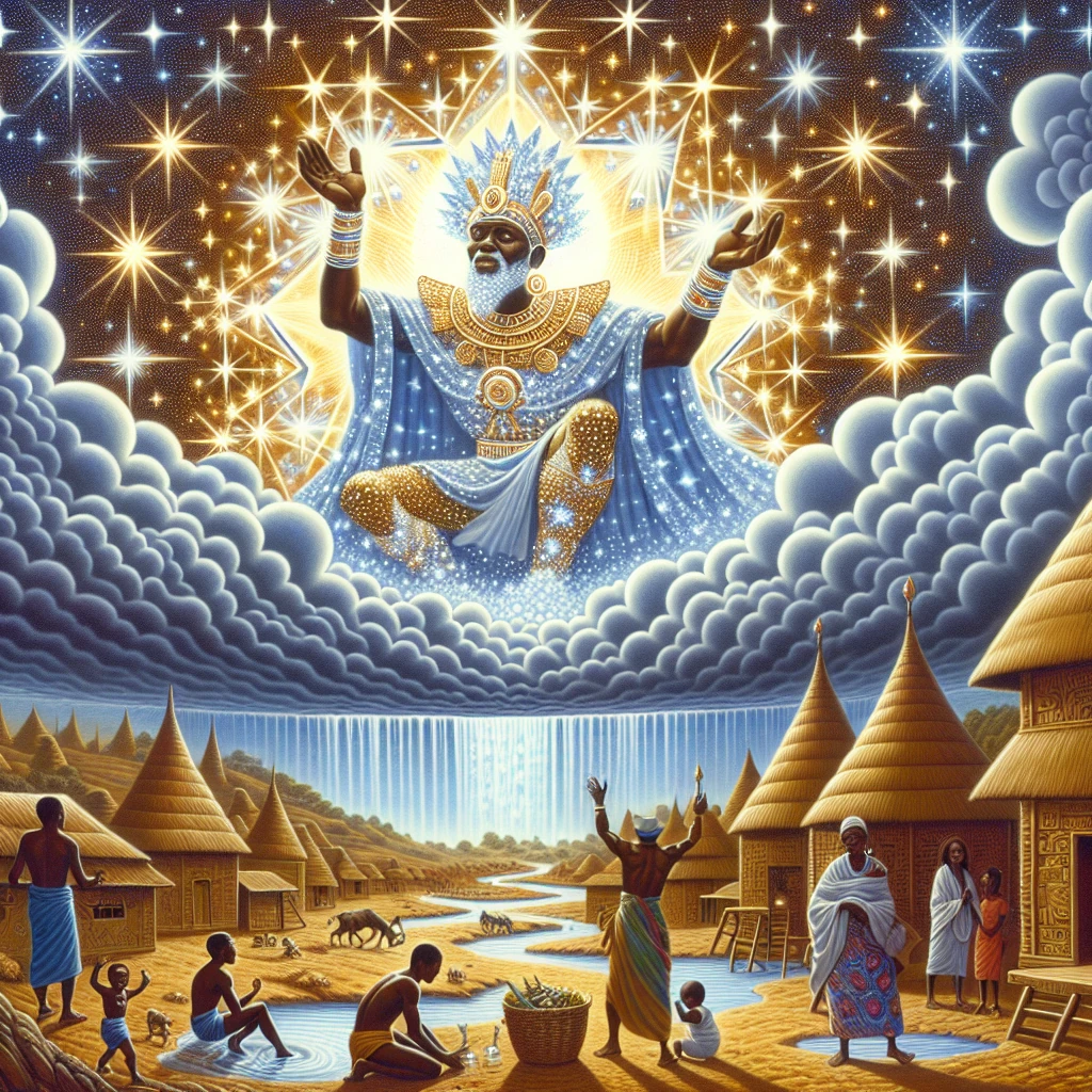 Nyame in his celestial palace surrounded by cosmic elements