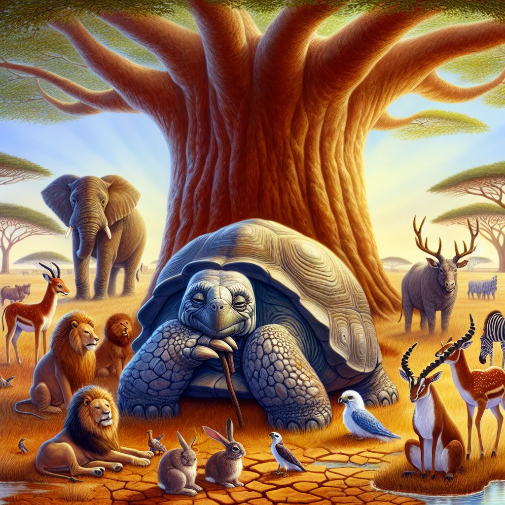 The wise tortoise solving the drought problem while other animals watch in amazement