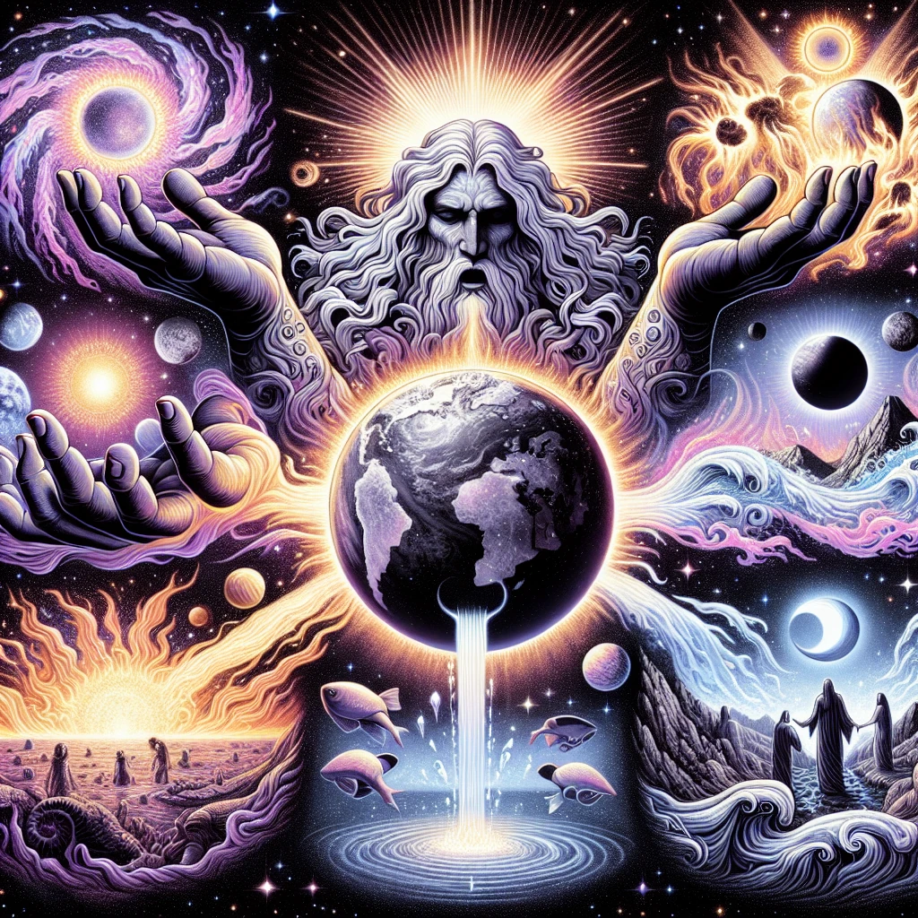 Nyame creating the world from swirling cosmic elements