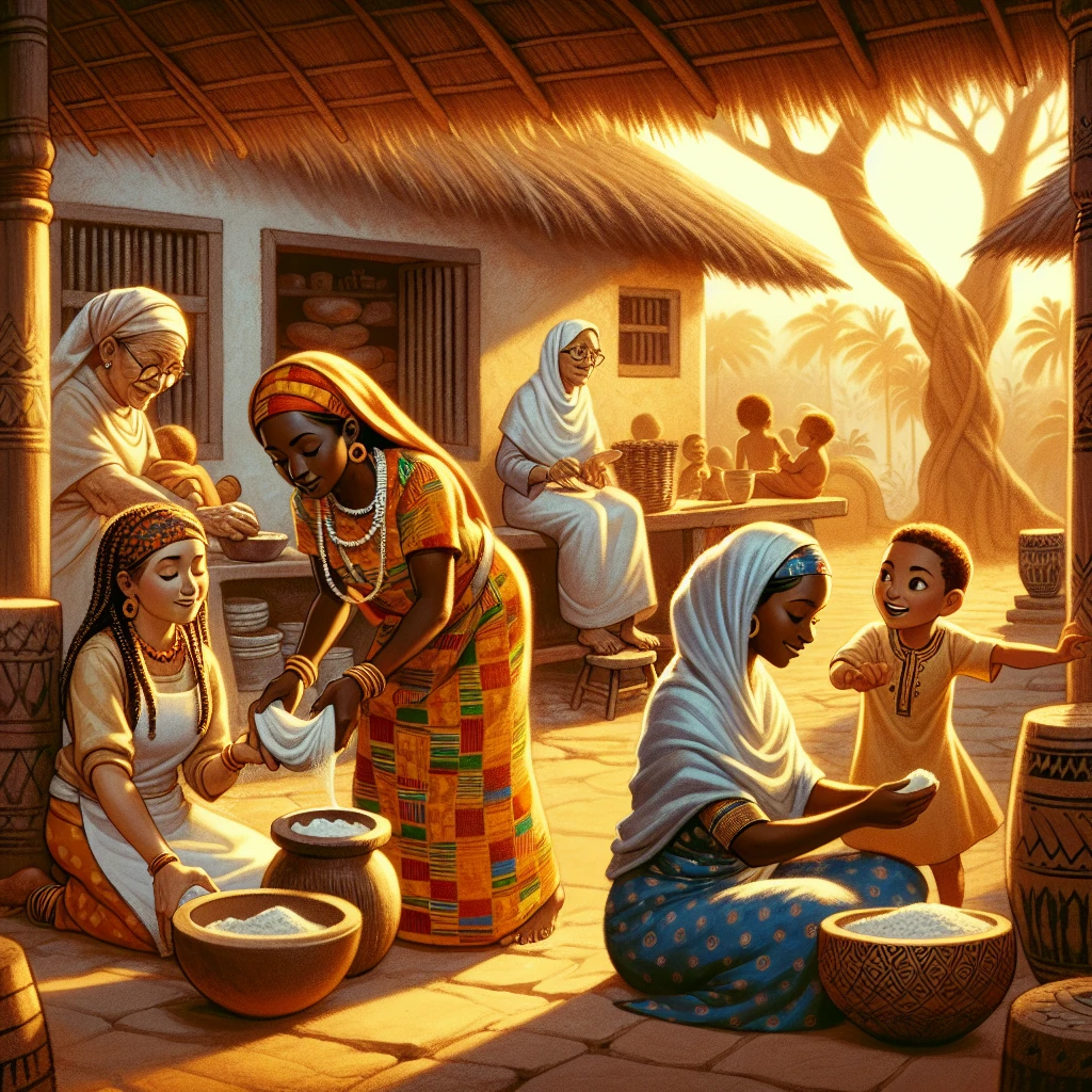 Three co-wives standing in a courtyard, tension in the air, elder mediating