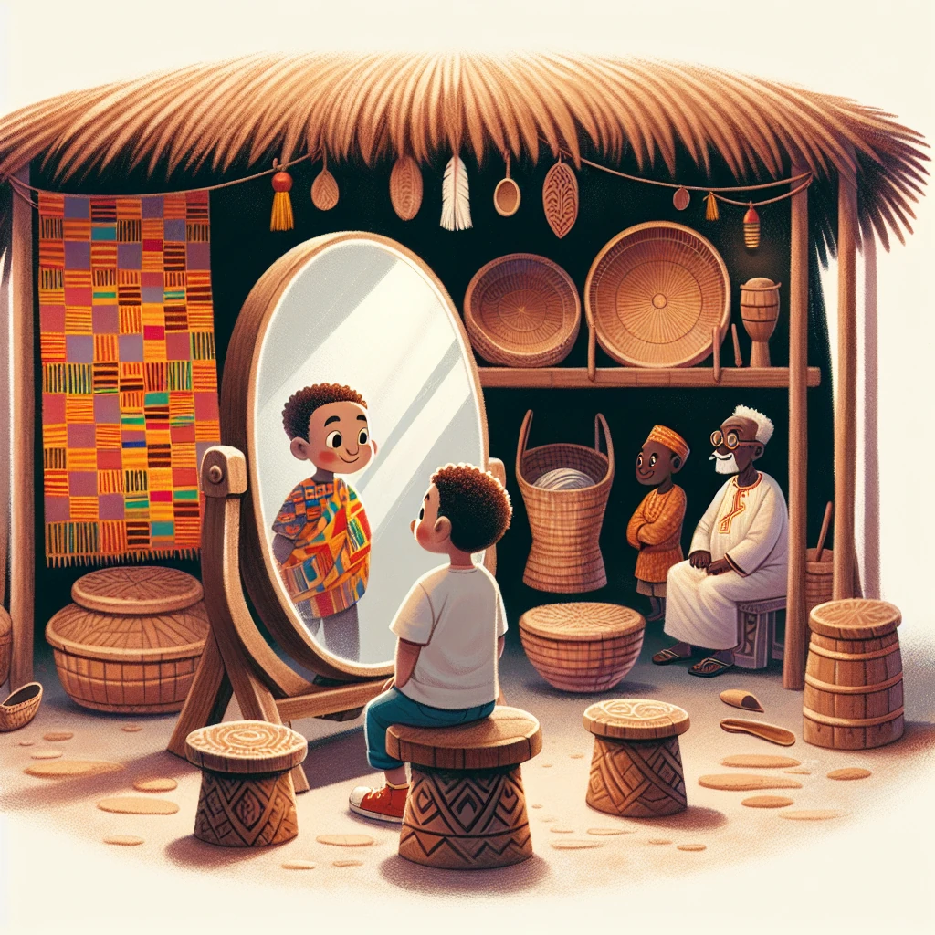 A polished mirror reflecting a village scene and a thoughtful youth