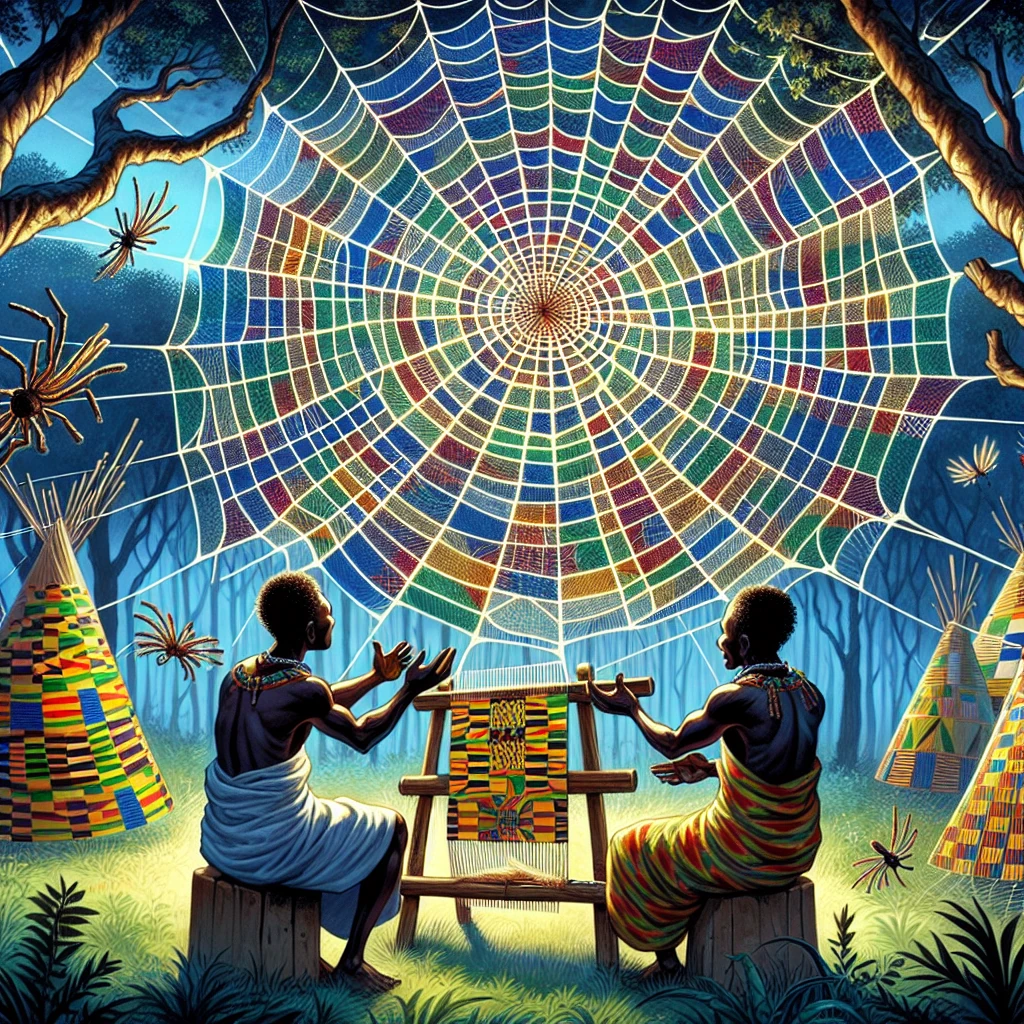 Two brothers watching Anansi weave his intricate web in the forest
