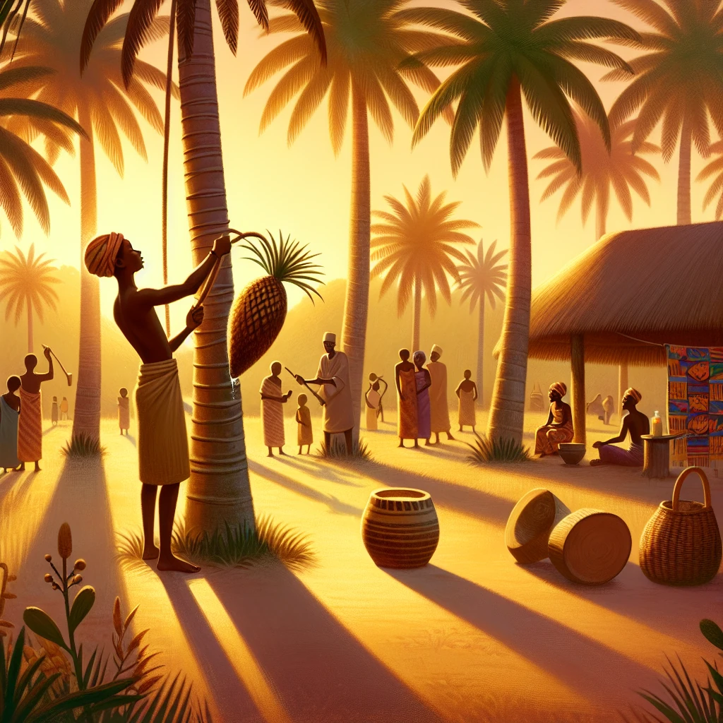 Elders tapping a palm tree for its sweet sap, a festival in the distance