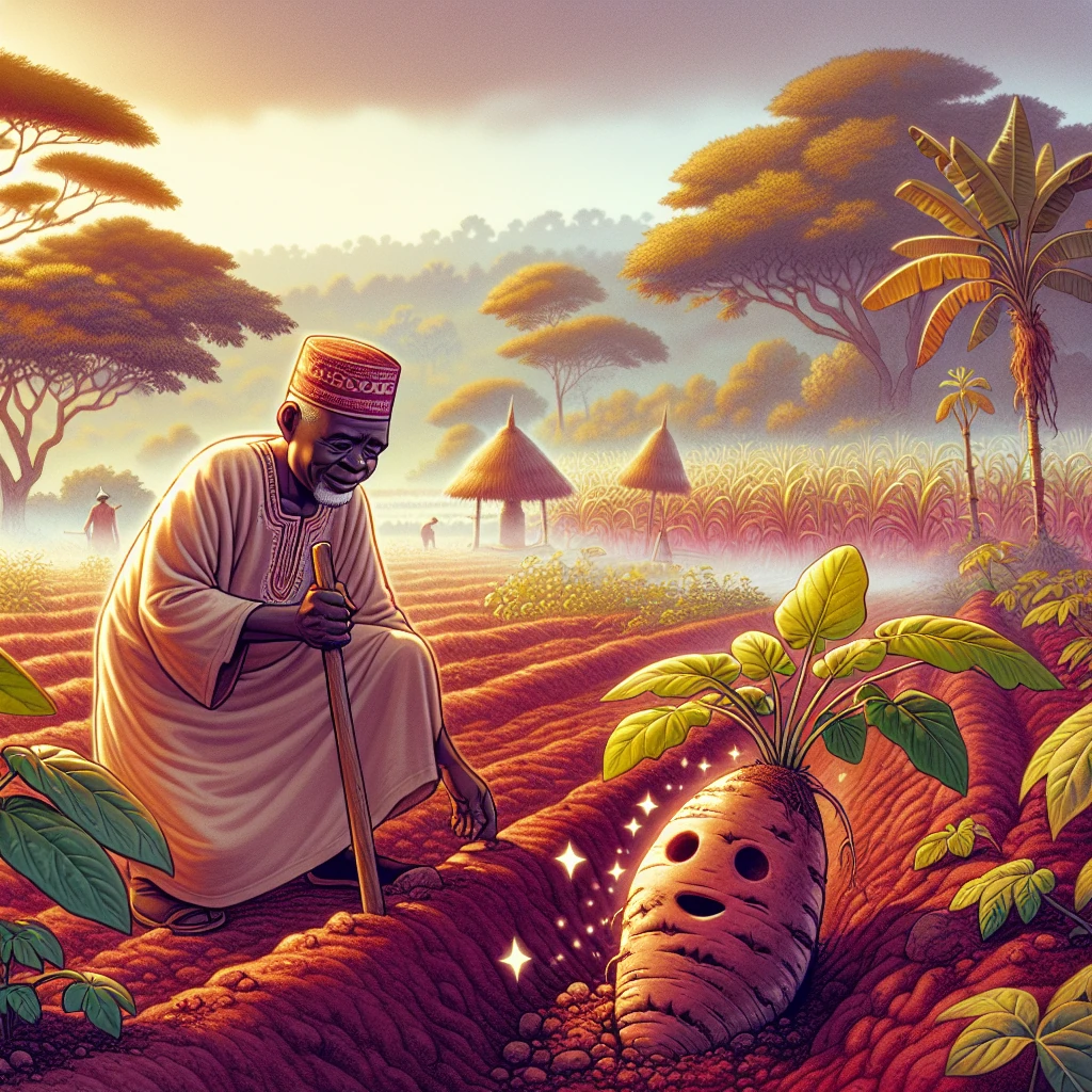 A farmer discovering a yam that speaks with ancient wisdom