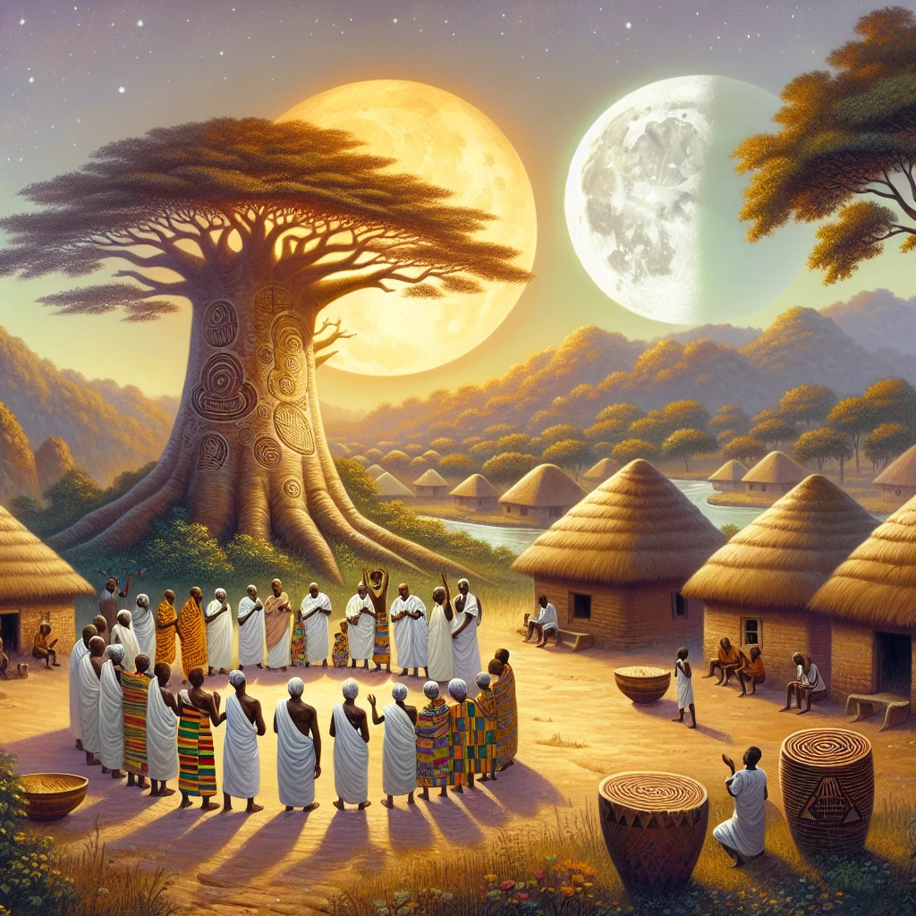 The sun and moon rising over a village, elders telling stories beneath a baobab