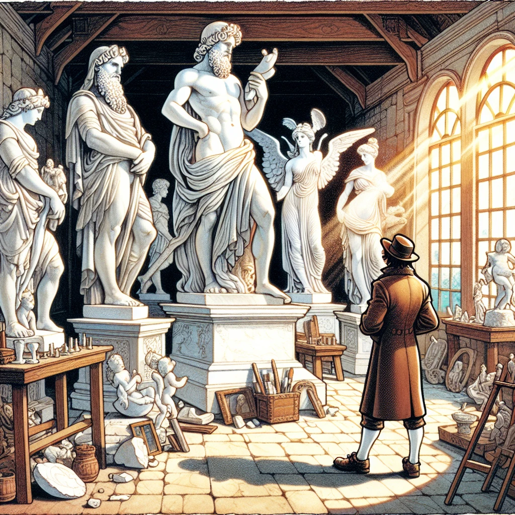 Mercury disguised as a traveler browsing statues in a sculptor's workshop