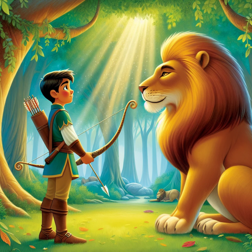 An archer with bow drawn facing a majestic lion in a forest clearing