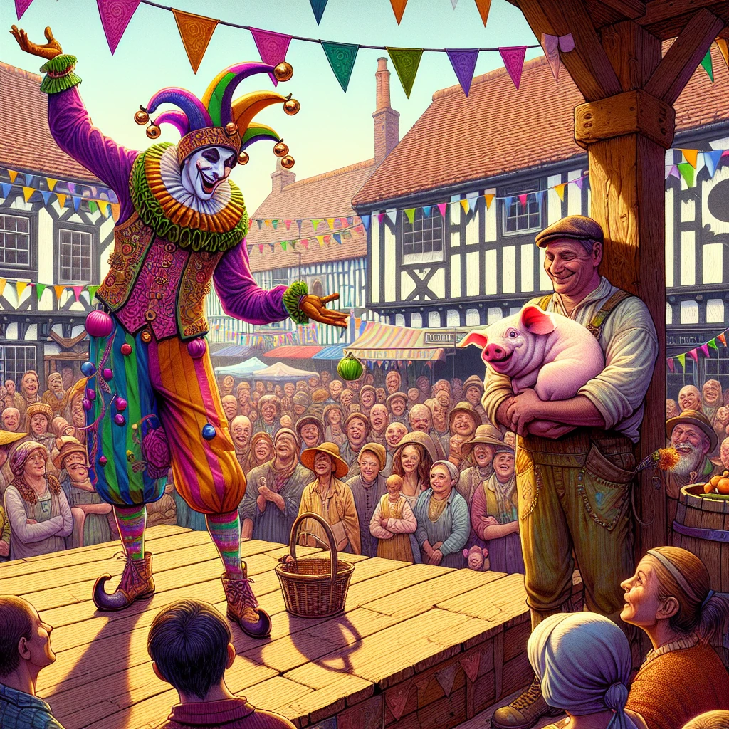 A buffoon performing on stage while a countryman stands with a real pig