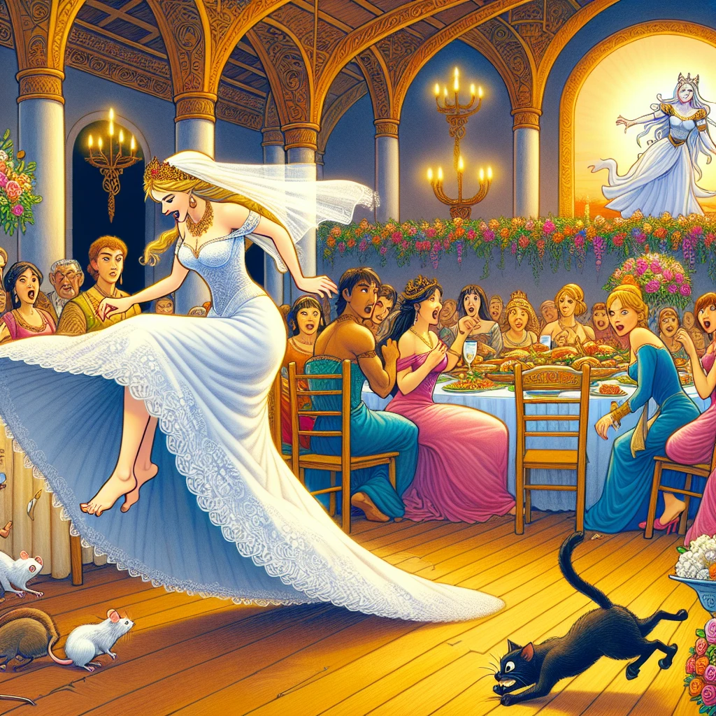 A beautiful maiden sitting at a wedding feast suddenly leaping after a mouse, revealing her cat nature