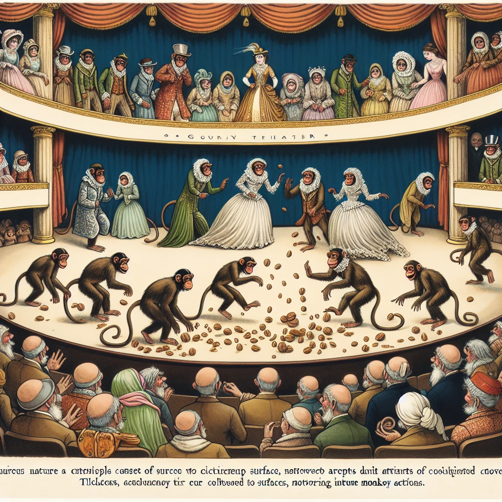 Elegantly dressed monkeys dancing on stage before an audience, with nuts scattered on the ground
