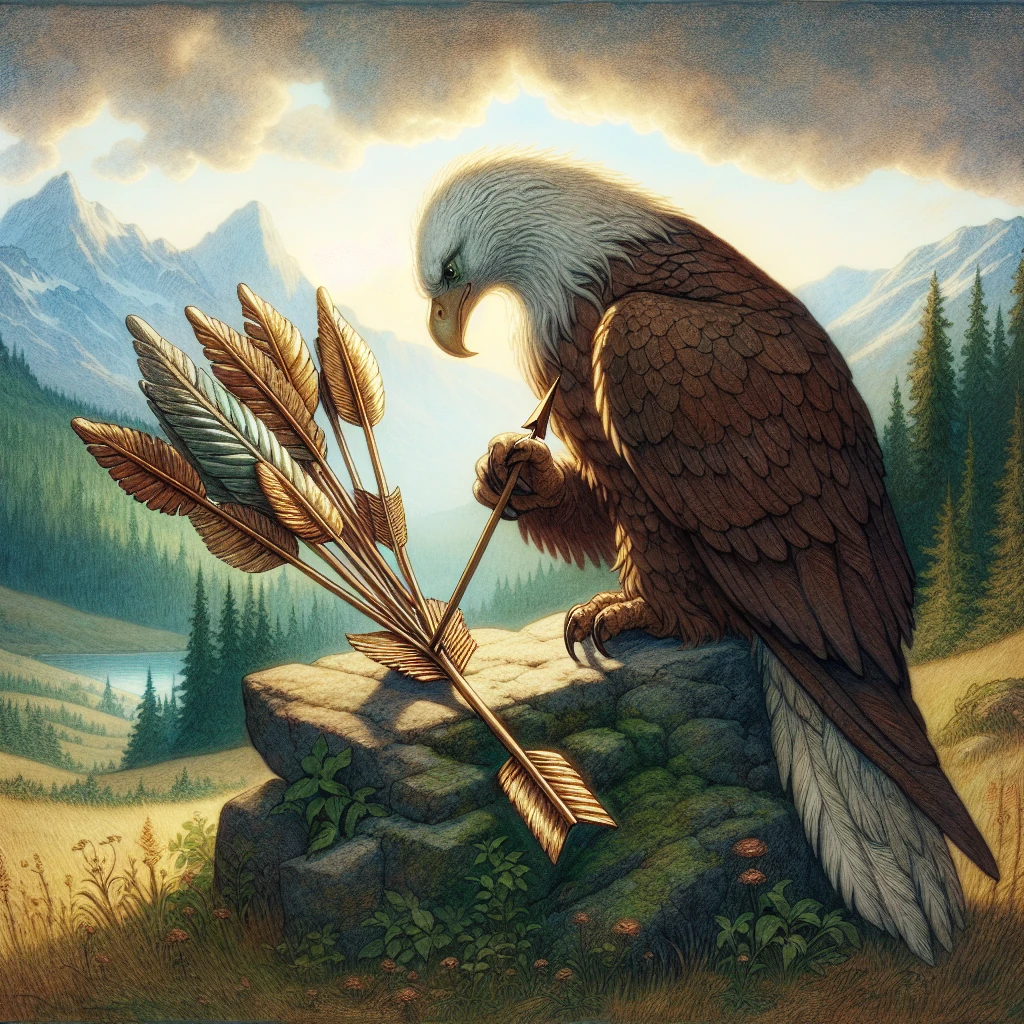 A wounded eagle examining an arrow fletched with its own feathers