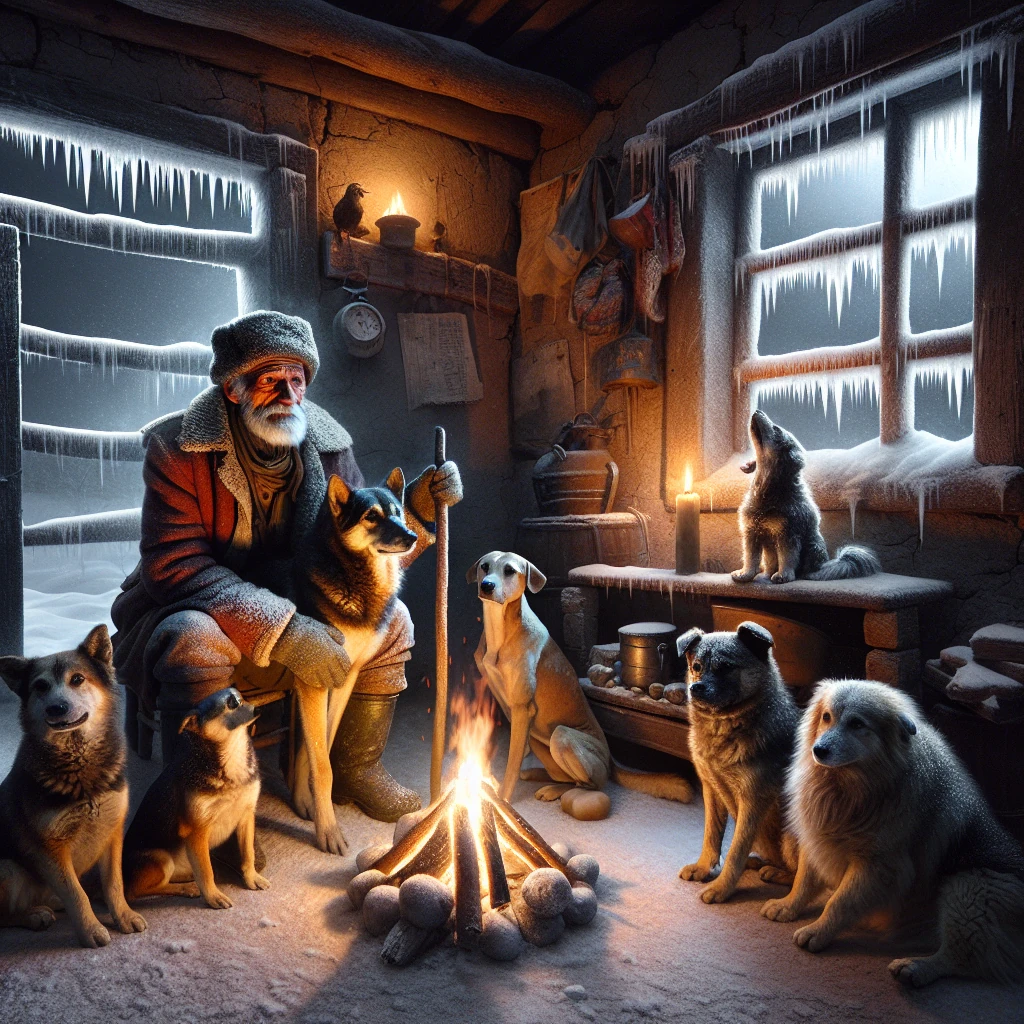 A farmer in winter clothes with his faithful dogs gathered around him