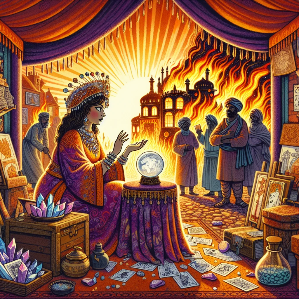 A fortune-teller in flowing robes reading palms in the marketplace while her own house burns in the background