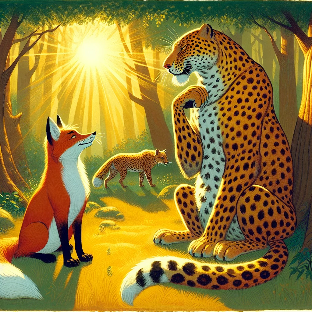 A clever fox talking to a proud leopard showing off its spotted coat