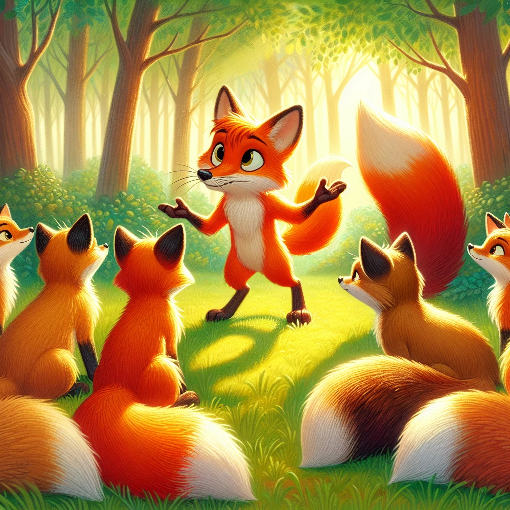A tailless fox addressing a group of foxes with beautiful bushy tails