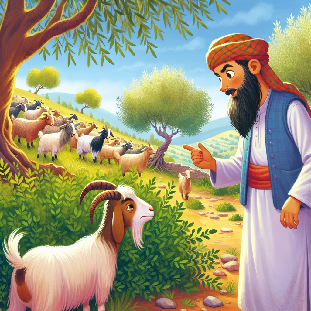 A goatherd throwing stones at a lagging goat while calling for her to return