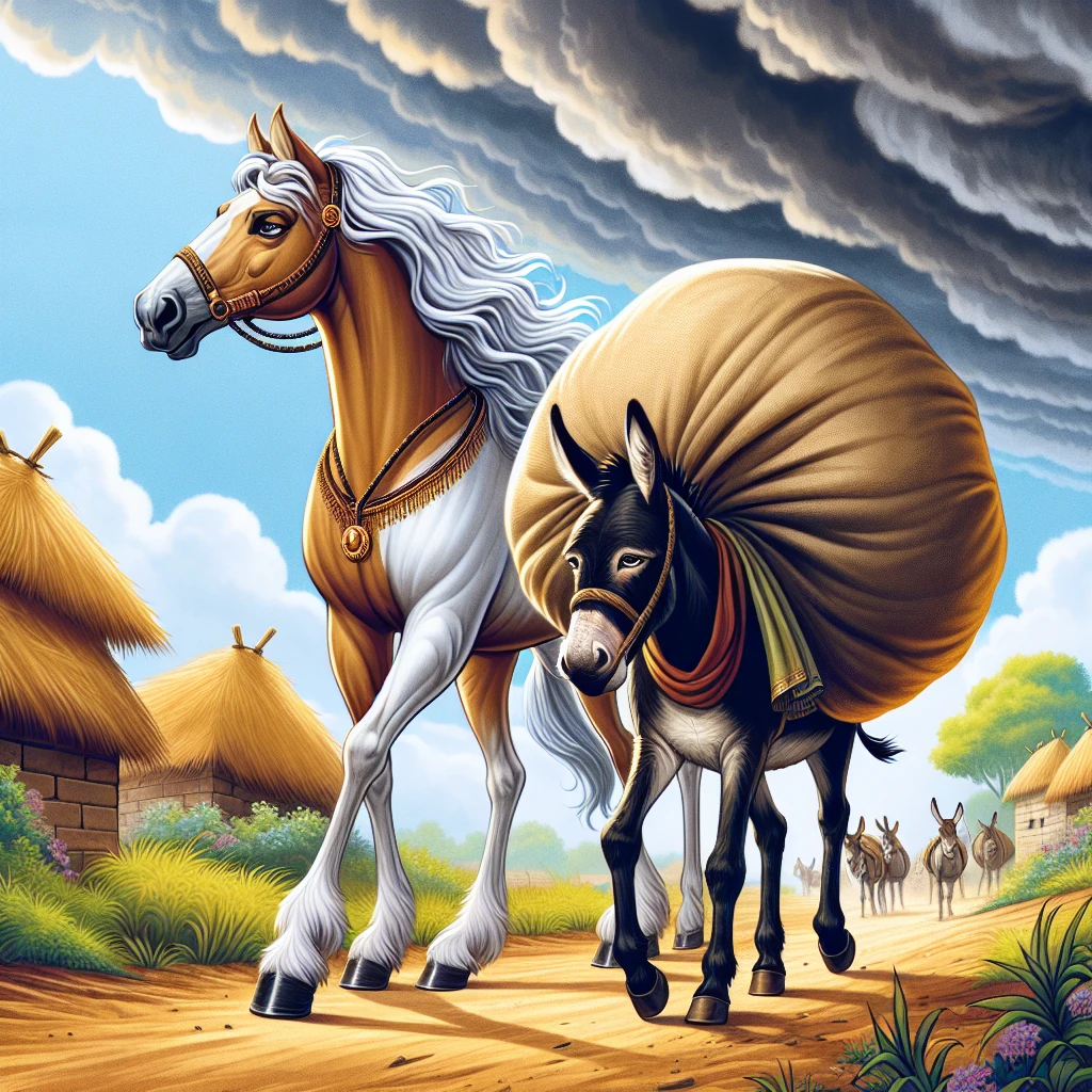 A proud horse walking beside an overloaded donkey struggling with heavy burdens