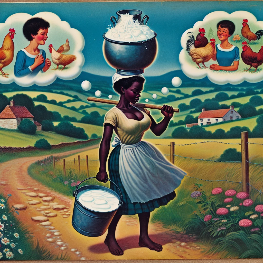 A young milkmaid carrying a pail of milk on her head, daydreaming about her future plans