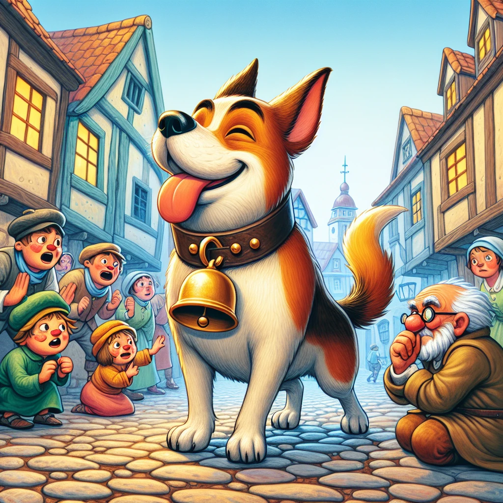 A proud dog wearing a bell around his neck, thinking he's important while others avoid him