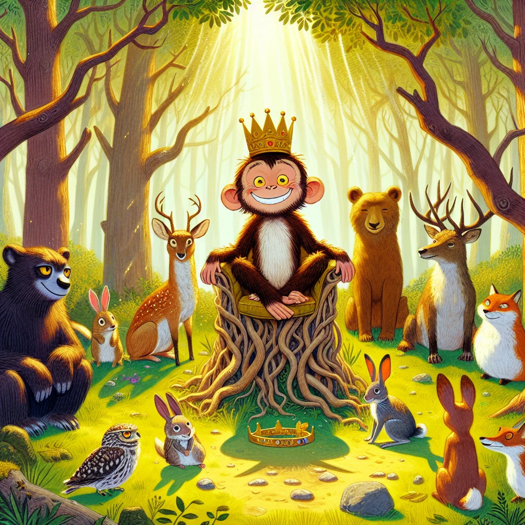 A monkey wearing a crown sitting on a throne, surrounded by various forest animals