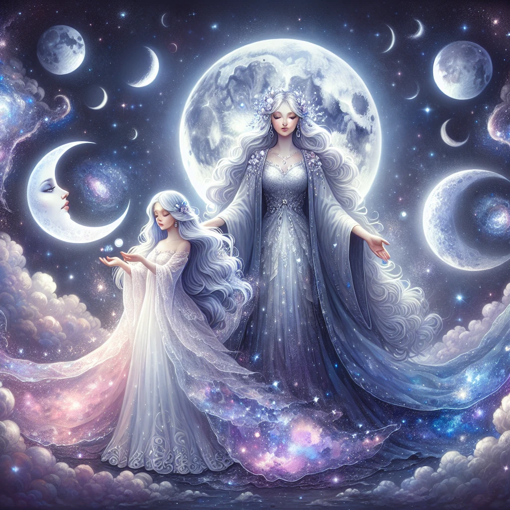 The Moon as a beautiful maiden speaking with her wise mother in a celestial setting