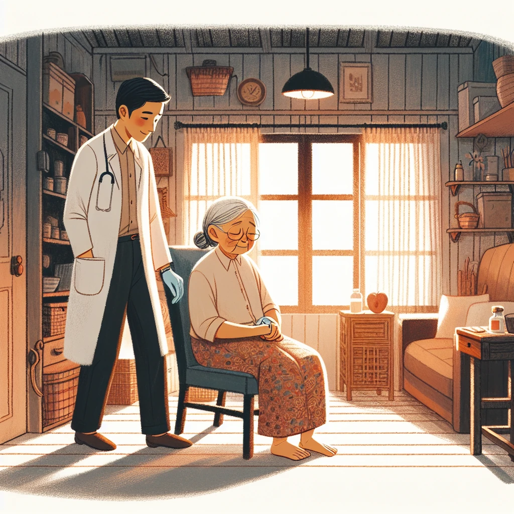 An old woman sitting in her chair while a doctor examines her eyes