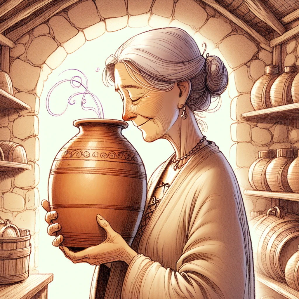 An elderly woman smelling the sweet aroma from an empty wine jar