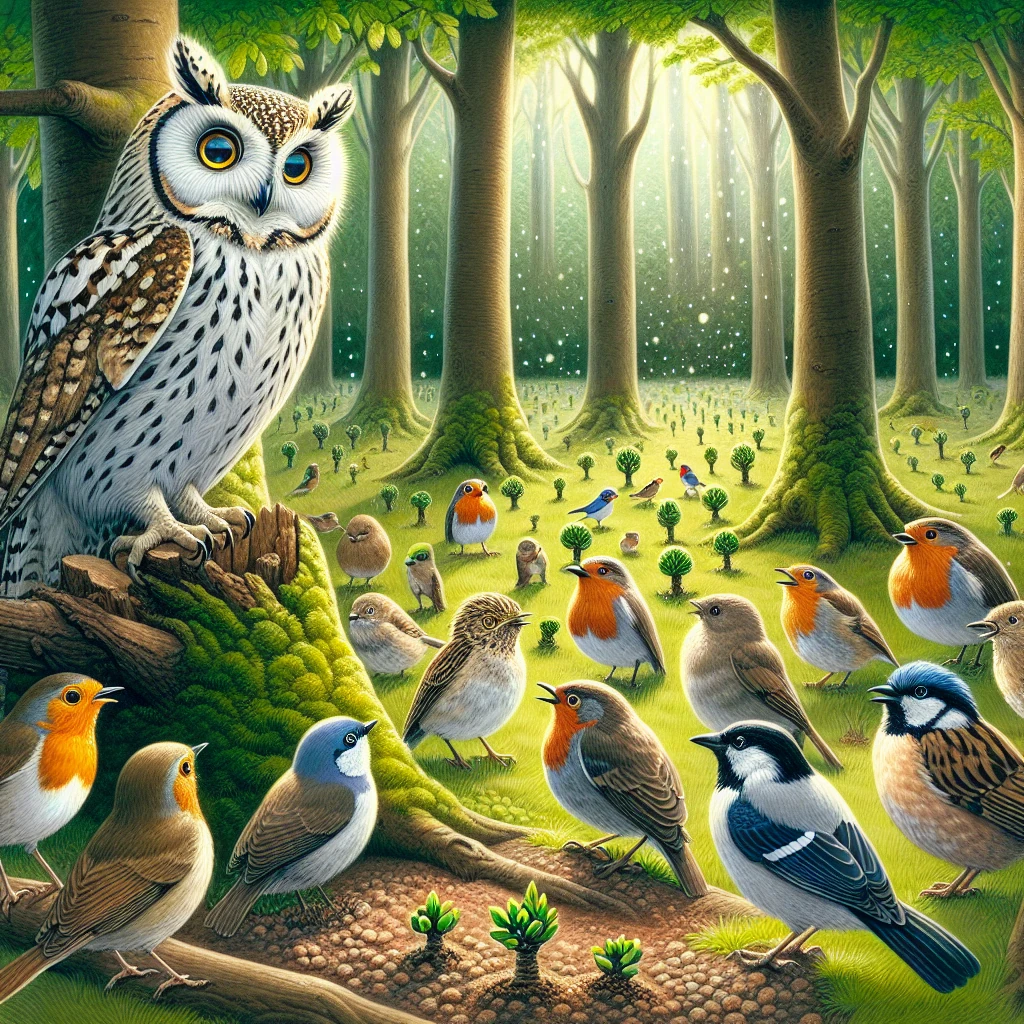 A wise owl addressing a gathering of various colorful birds in a forest clearing