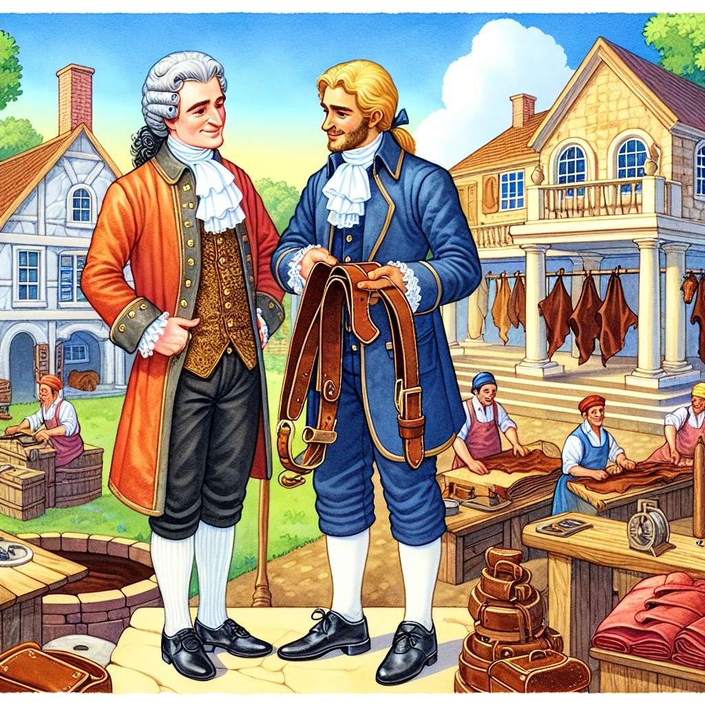 A wealthy man in fine clothes standing next to a humble tanner working with leather hides