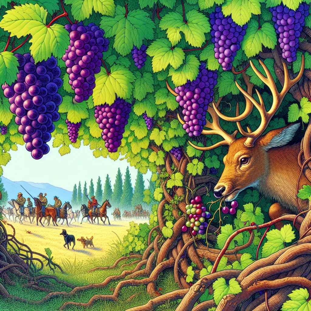 A stag hiding among grape vines while hunters search in the distance