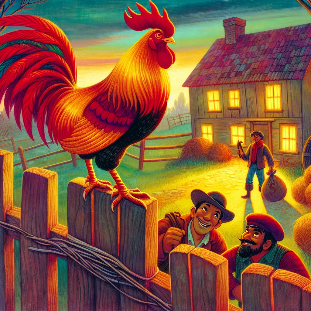 A proud rooster perched high while two thieves try to convince him to be quiet