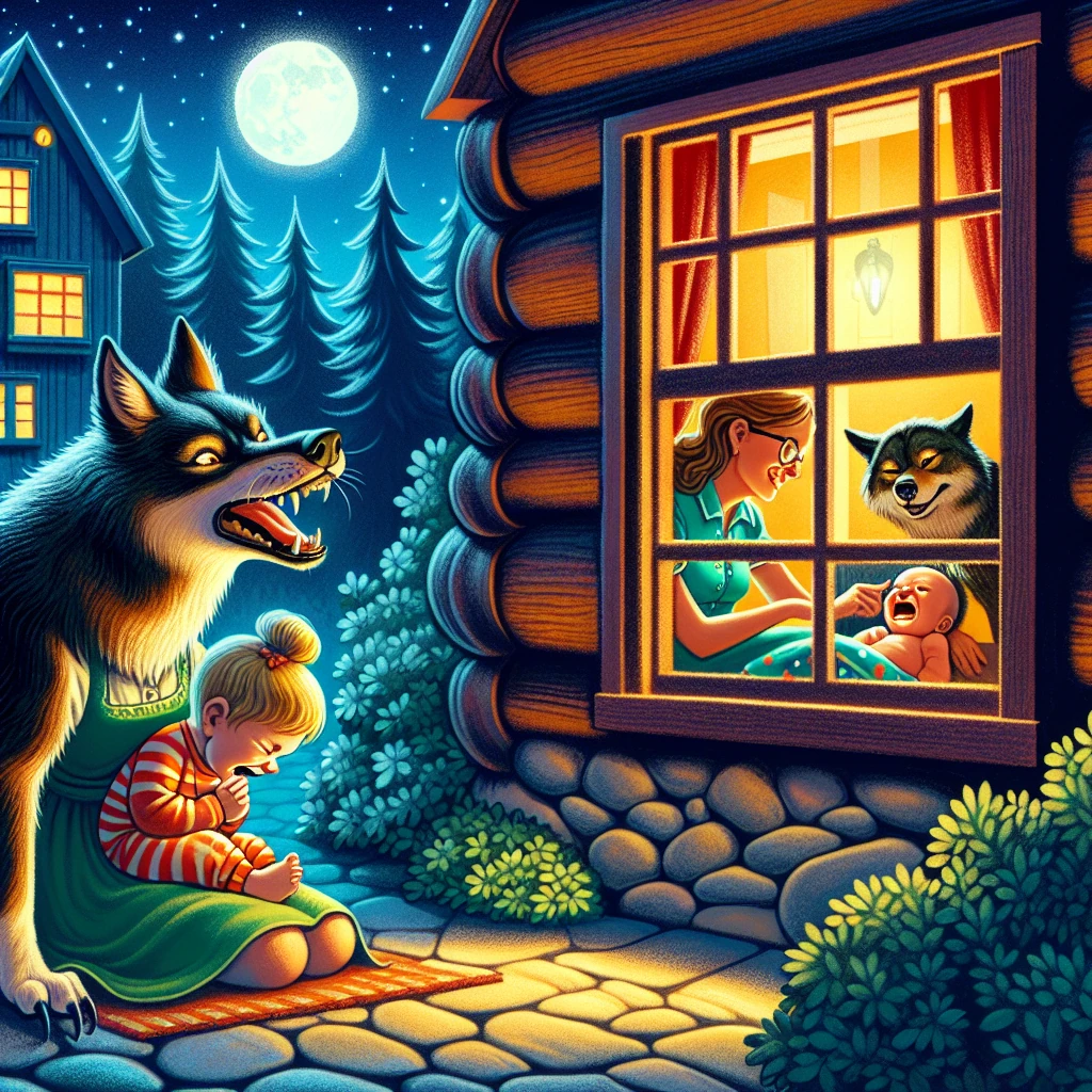 A wolf hiding outside a cottage window listening to a mother soothing her crying baby inside