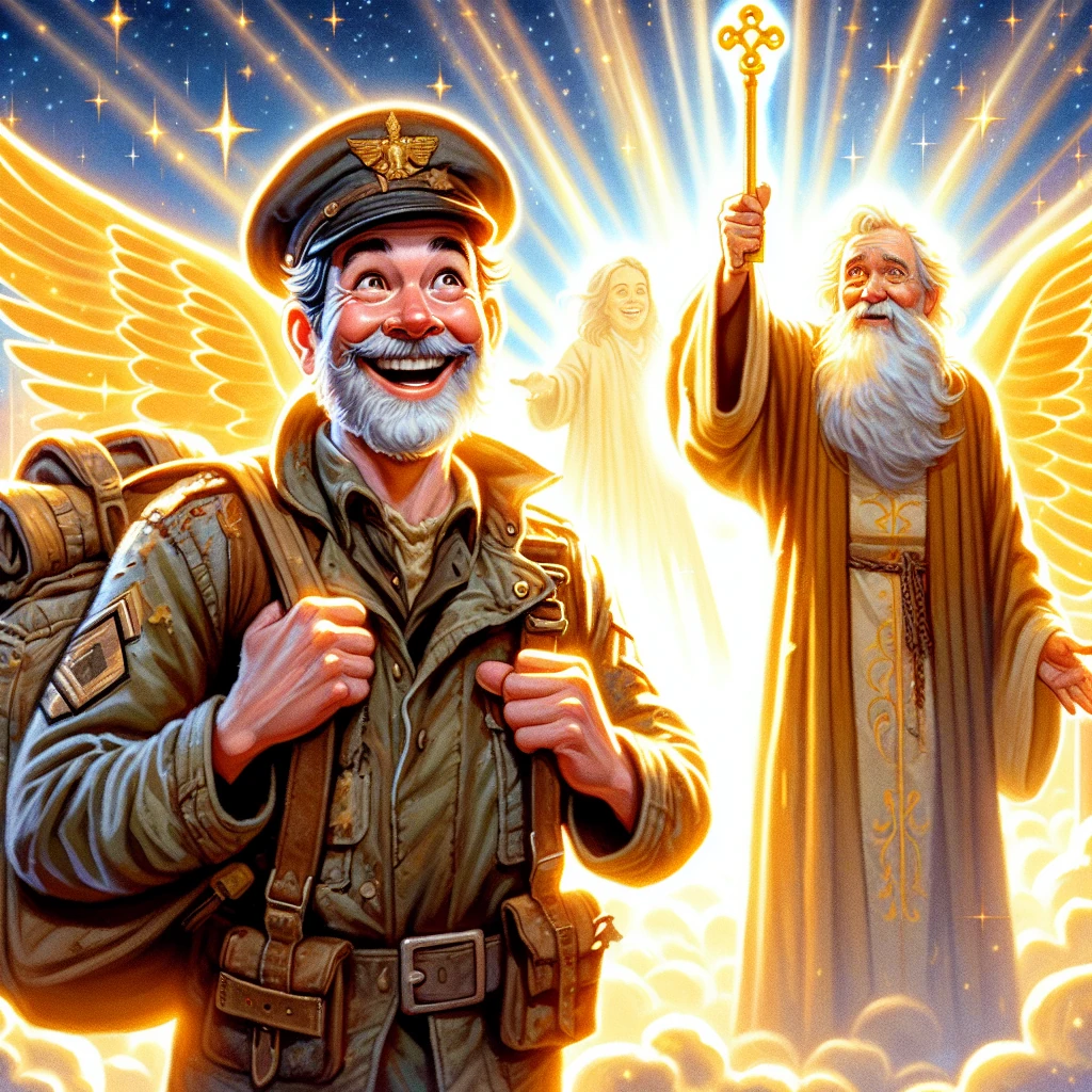 A cheerful, weathered soldier with a mischievous smile stands at the gates of heaven, holding up his magical knapsack toward Saint Peter, who looks stern but slightly amused. The soldier wears a worn military uniform while Saint Peter is depicted in flowing robes with a large golden key. The gates of heaven glow with ethereal light behind them, creating a dramatic contrast between the earthly soldier and the divine setting.