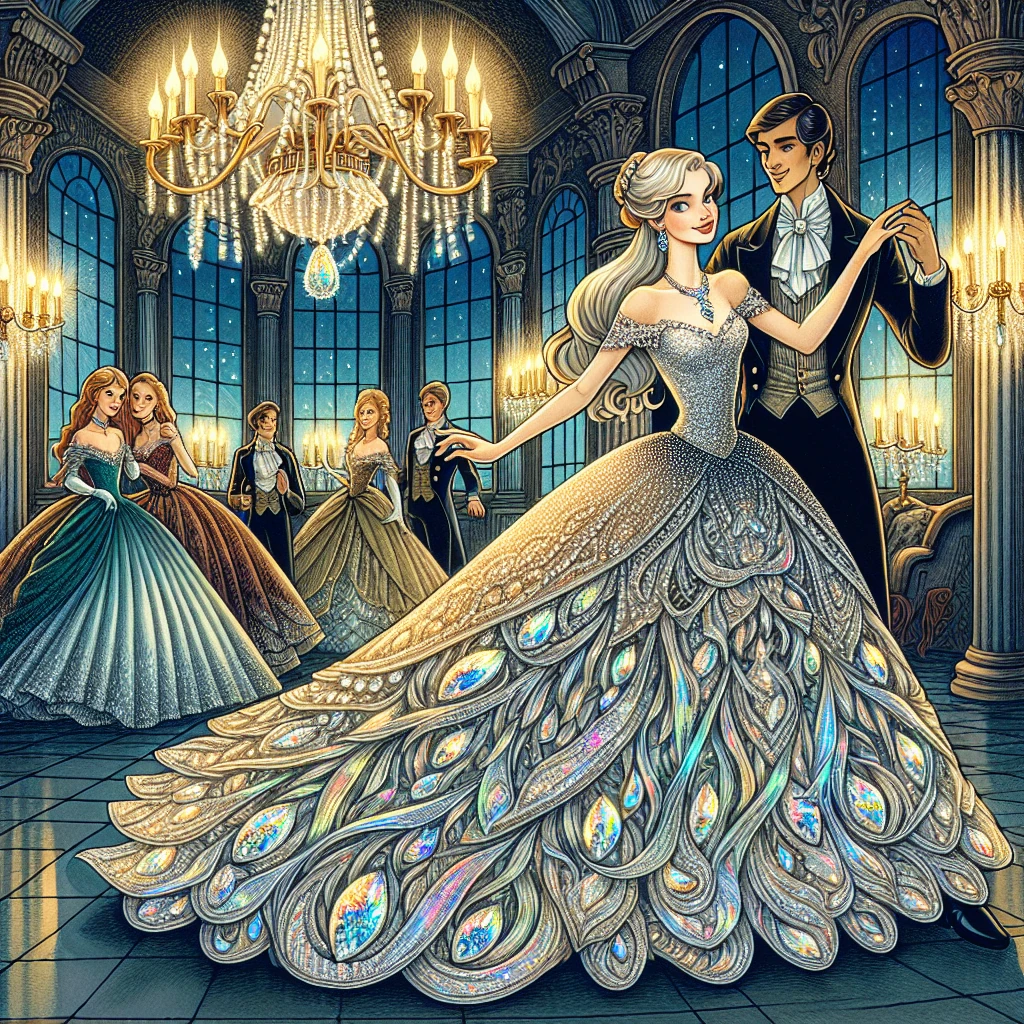 Cinderella at the ball in her magnificent gown, dancing with the prince while her stepsisters look on in envy