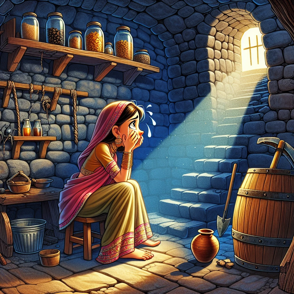 A young woman sitting in a cellar weeping beneath a hanging pickaxe, while a jug of beer sits neglected nearby. Sunlight streams in through a small window, illuminating her distressed face as she contemplates imaginary future troubles.