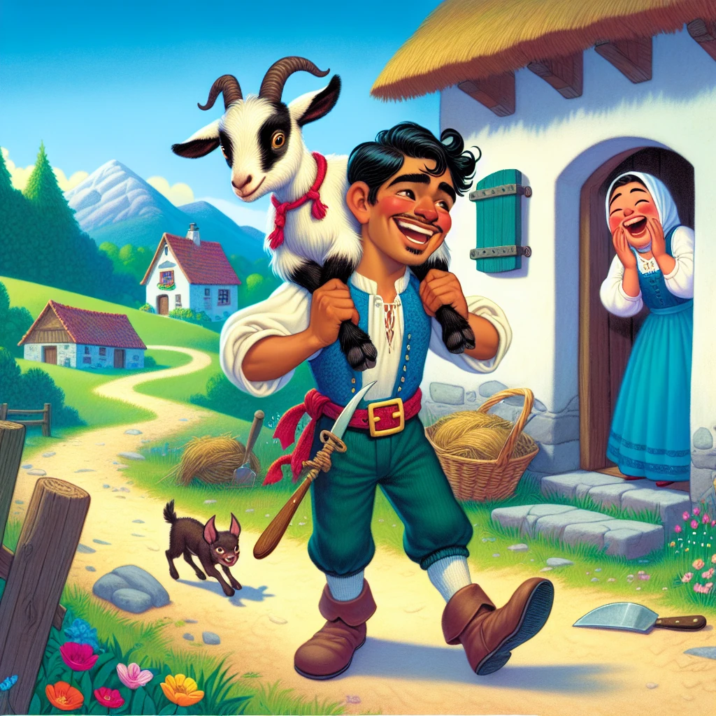 A comical scene of Clever Hans carrying a goat on his shoulders while a bemused young woman watches from her doorway, with various misplaced items scattered along the path behind him.