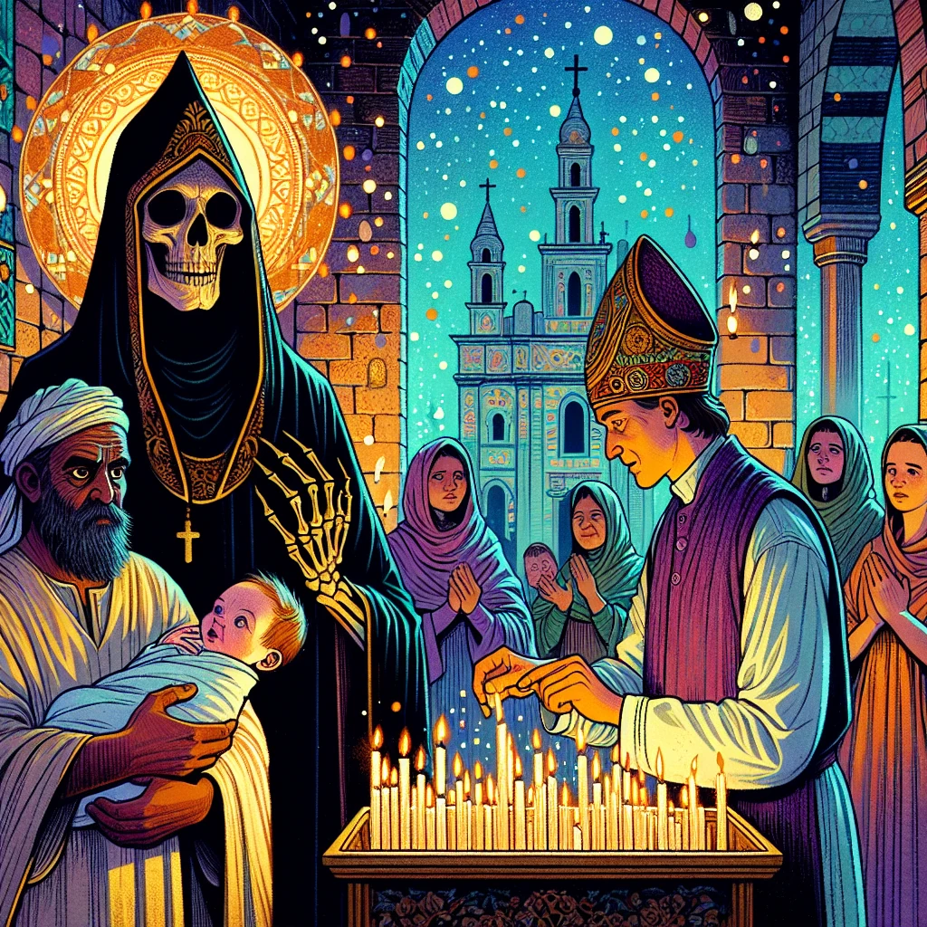 A tall, thin figure wearing a black hooded cloak stands as godfather at a christening ceremony. The figure of Death stands beside a poor but honest man holding his infant child, while a priest performs the baptism. Death's face is partially visible under the hood—not as a skull but as a gaunt, ancient face with deep, knowing eyes. Around them, candles cast dramatic shadows, with some candles burning bright and others nearly extinguished, symbolizing the life forces Death oversees.