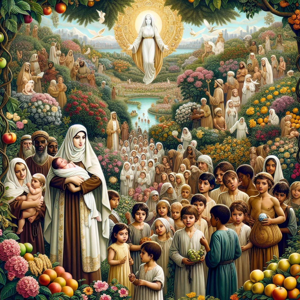 Eve in the Garden of Eden hiding some of her children behind trees and bushes while presenting her most beautiful children to God, who appears as a radiant divine figure observing the scene with understanding