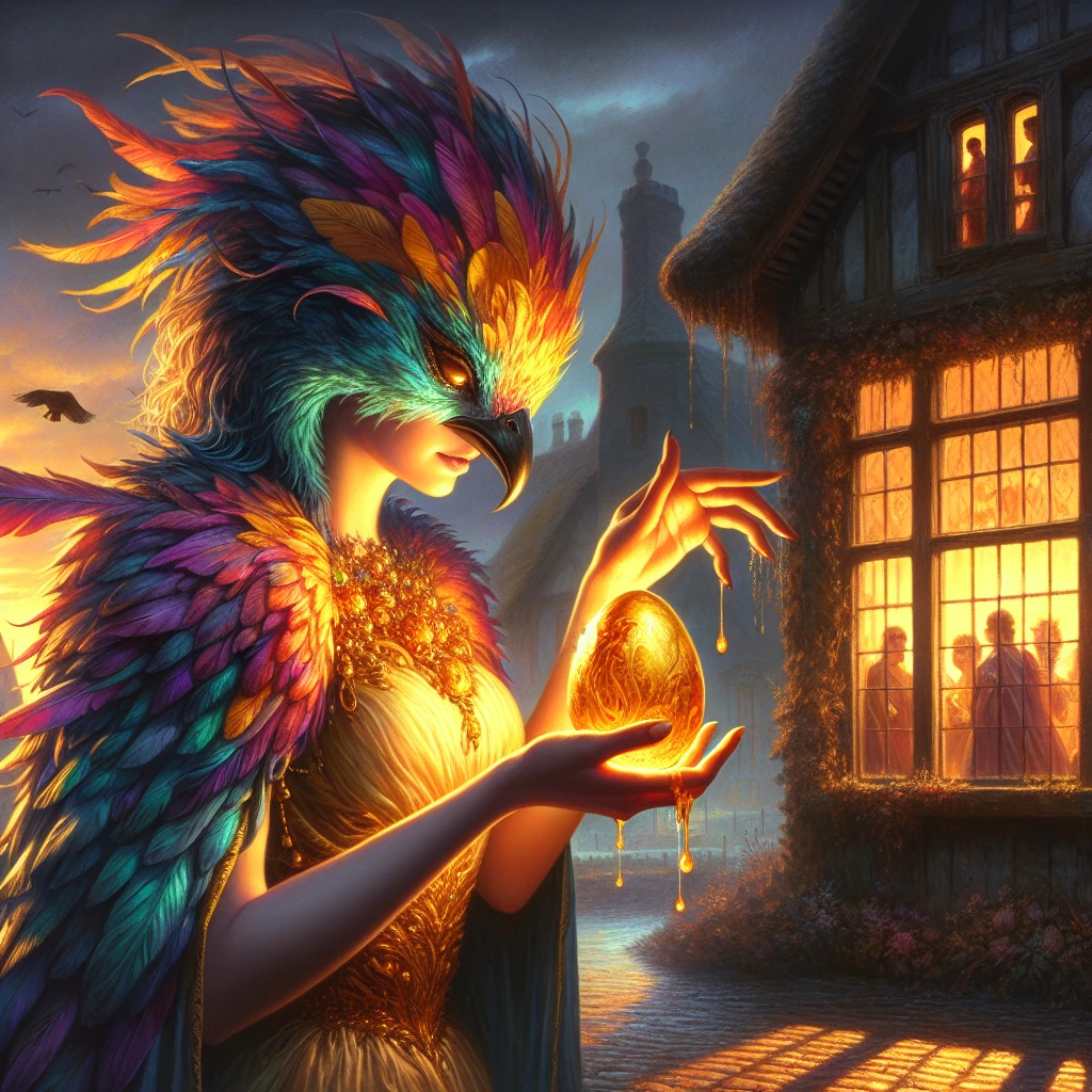 A young woman disguised as a fantastic bird-like creature, covered in honey and feathers of many colors, walks away from a manor house in the background. She carries a golden egg that glows slightly. Behind her, through the windows of the house, several figures can be seen celebrating a wedding. The scene is set at dusk with dramatic lighting that creates long shadows and gives the bird-woman an otherworldly appearance as she makes her escape.