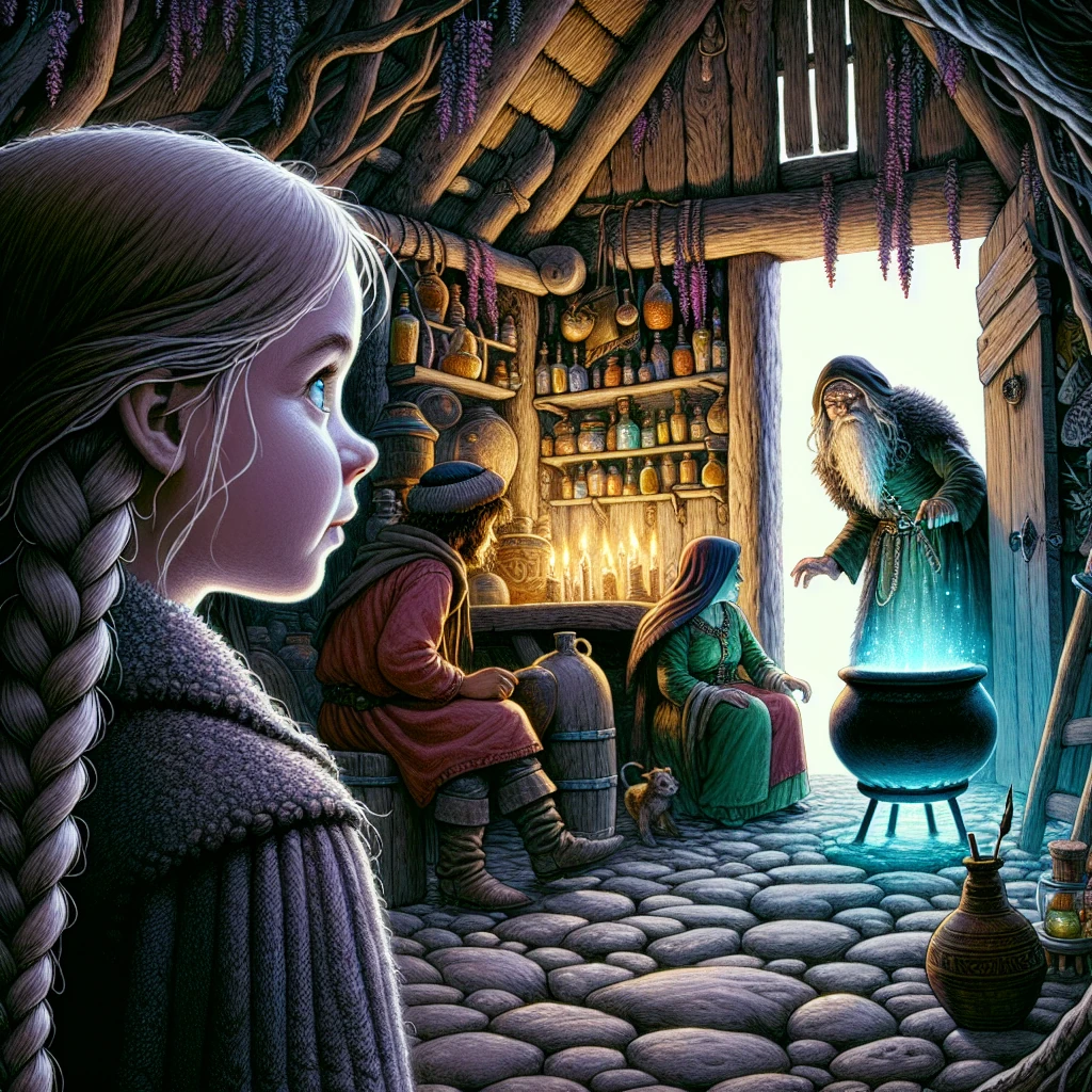 A curious young girl with long braided hair peers through the doorway of a witch's cottage. Inside, strange magical items are visible: a black man stoking a fire, a red man on a chopping block, and a green man aiming a bow. Frau Trude, an elderly woman with wild gray hair and piercing eyes, stands partially hidden in shadows near a large cauldron. The cottage is filled with herbs hanging from the ceiling, strange bottles, and an eerie blue glow emanating from the hearth.