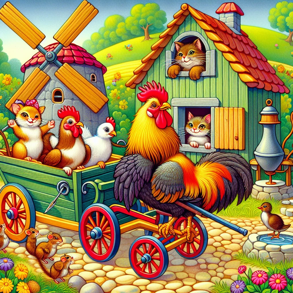 A colorful illustration showing a rooster and hen in a small carriage approaching a crooked house. Various animals and objects are visible around the house: a cat, a millstone on the roof, a duck swimming in a pond, pins, needles, and a broom peering from windows.