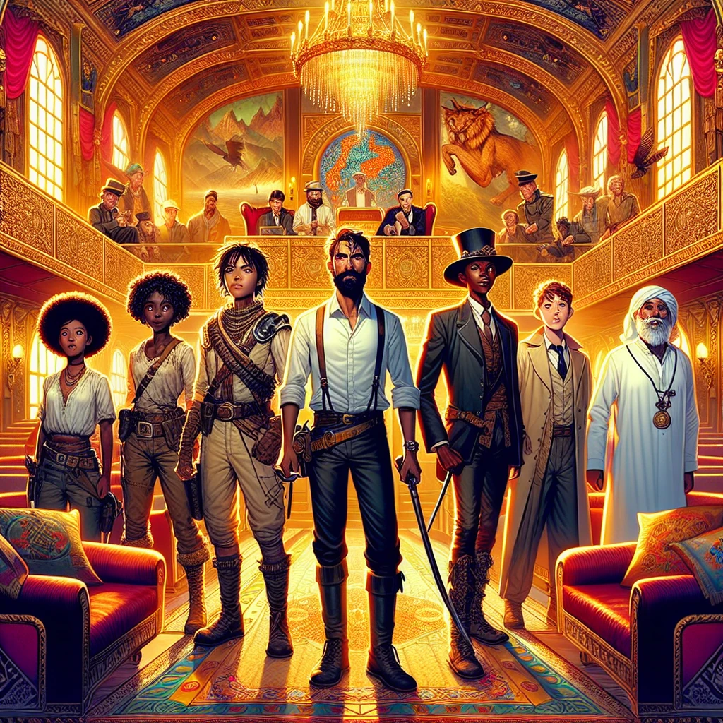 Six extraordinary travelers stand in a line facing a royal court. In the center stands a confident soldier in a worn uniform, flanked by his remarkable companions: a keen-eyed huntsman peering into the distance, an unusually thin man whose body stretches like rubber, a man wearing a strange hat, another whose body radiates intense heat, and a man with his nose turned sideways. Before them, a surprised king sits on his throne while courtiers whisper among themselves. The scene is set in an opulent throne room with high ceilings, tall windows, and rich tapestries, illuminated by golden light that highlights the contrast between the humble travelers and the royal surroundings.